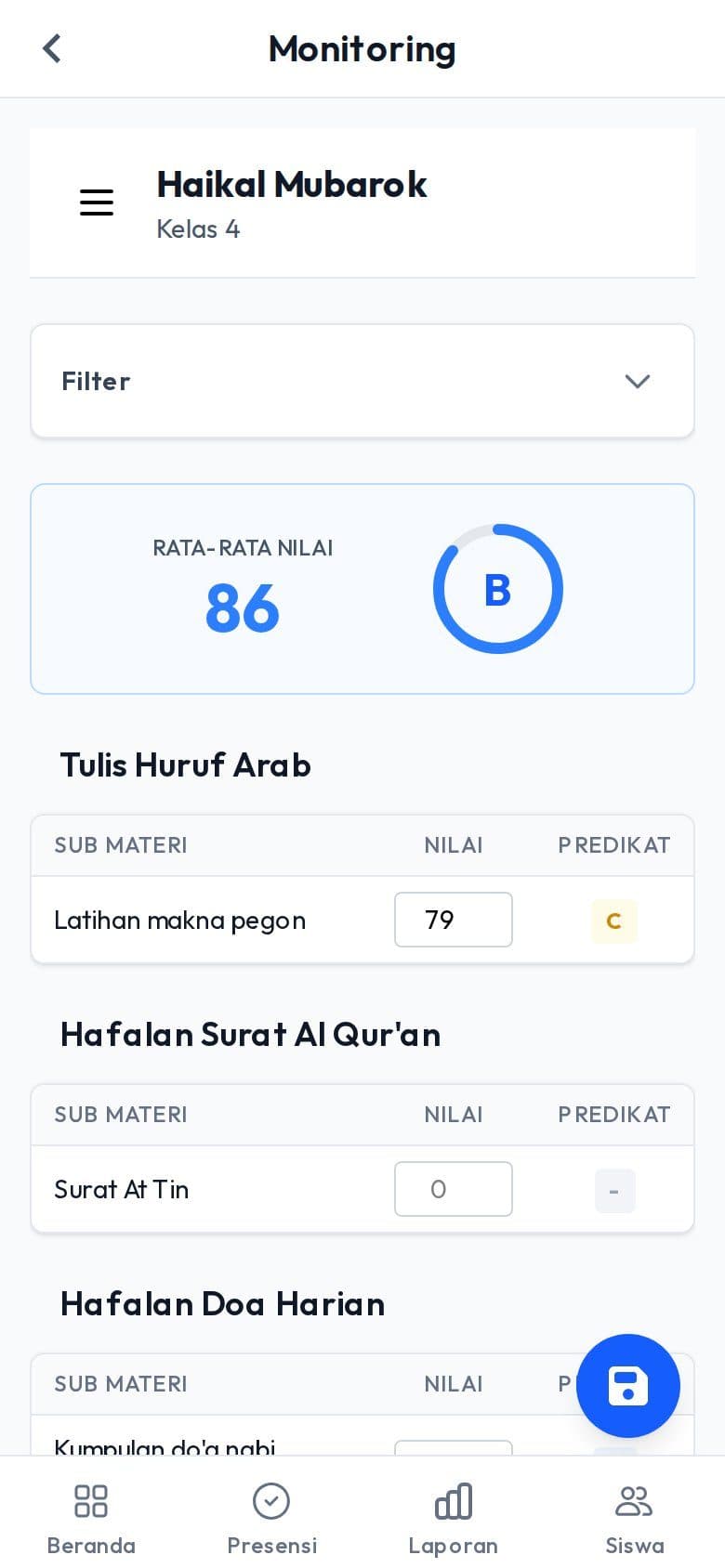 Monitoring nilai materi satu siswa