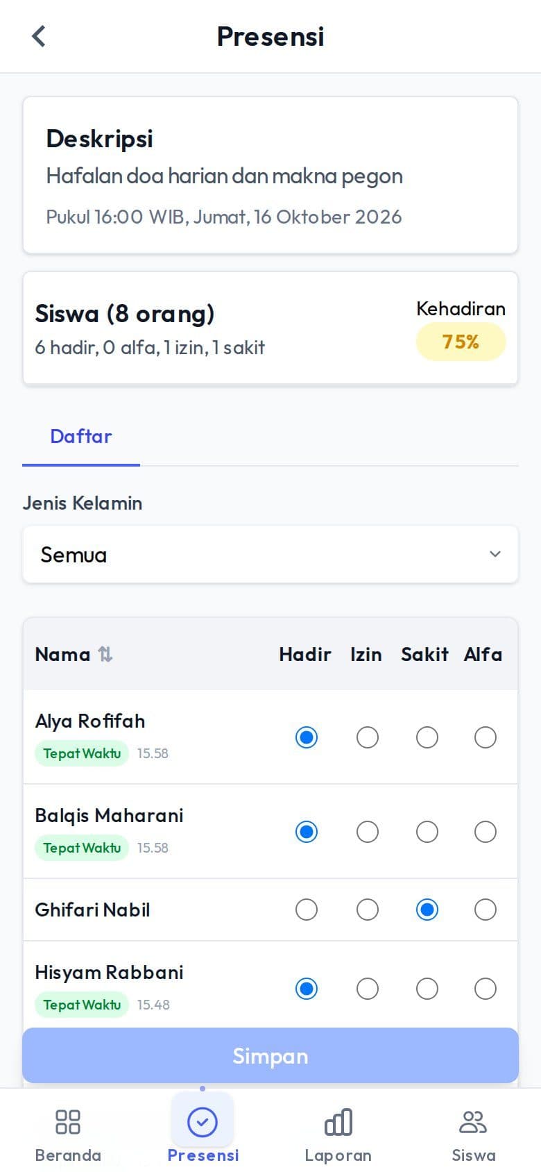 Daftar hadir dengan pilihan hadir, izin, sakit, alfa