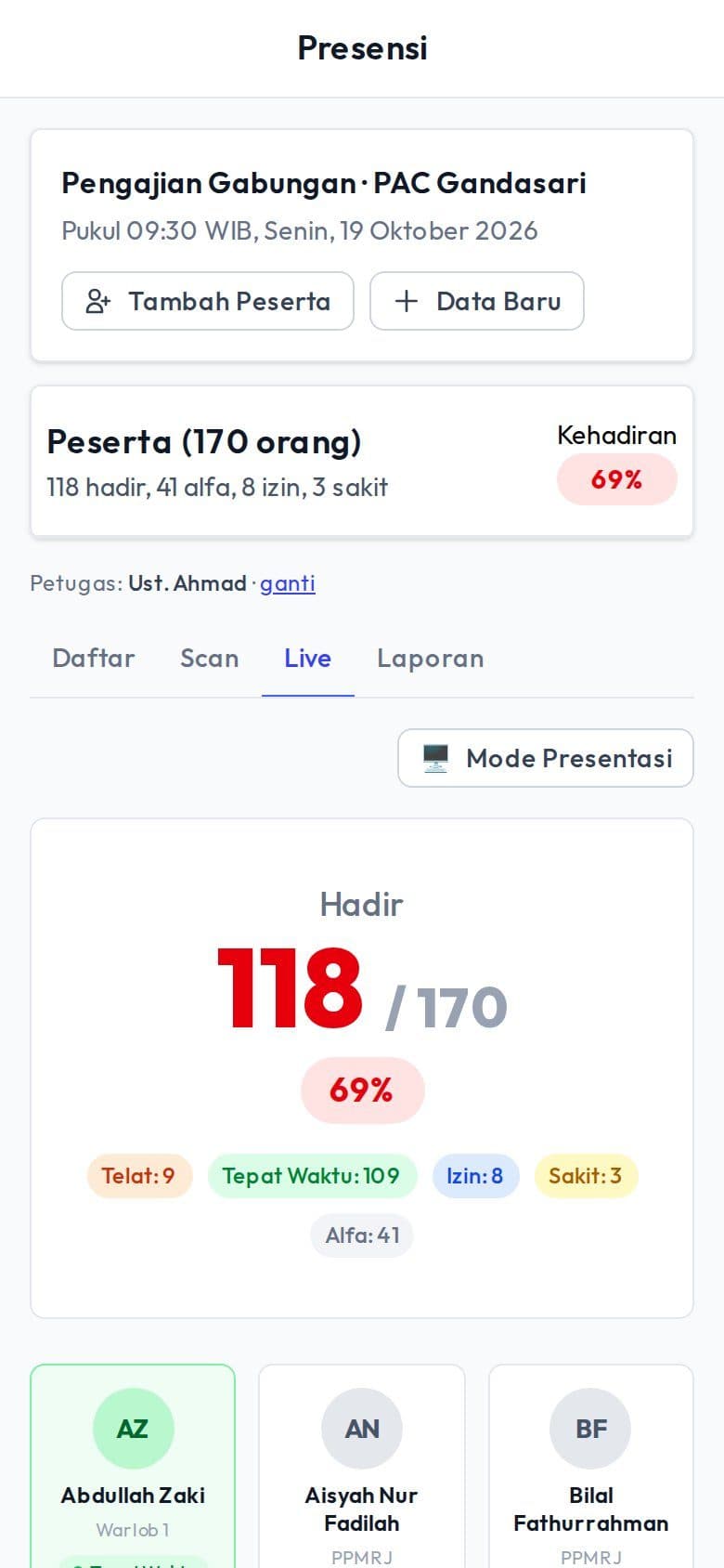Layar pantau kehadiran langsung
