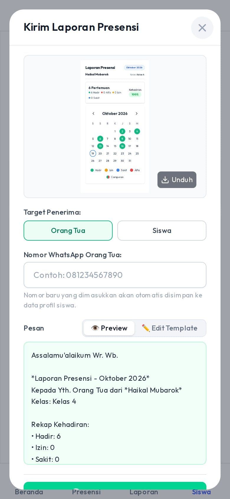 Rekap presensi siswa siap dikirim ke WhatsApp